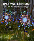 Must Have Outdoor Solar Firework Stake Lights With 120 LEDs Waterproof 2 Pack in rainy garden showcasing weather resistance.