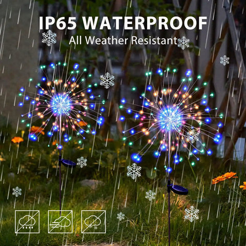 Must Have Outdoor Solar Firework Stake Lights With 120 LEDs Waterproof 2 Pack in rainy garden showcasing weather resistance.