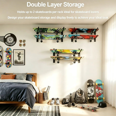 Four Layer Horizontal Skateboard Wall Mount Rack For All Boards And Sizes Boss Wall Storage Organizer displayed in a room