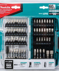 Makita E-01644 60-piece Impact XPS bit set in clear plastic case, front view.