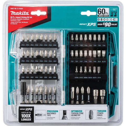 Makita E-01644 60-piece Impact XPS bit set in clear plastic case, front view.