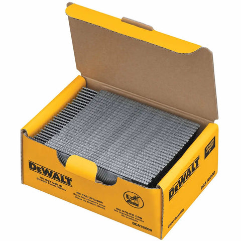 Open box of Pro Grade Angled 20 Degree Finish Nails, 2 Inch, 16 Gauge, Hot Dip Galvanized For Rust Resistance, 2500 Count Pack.
