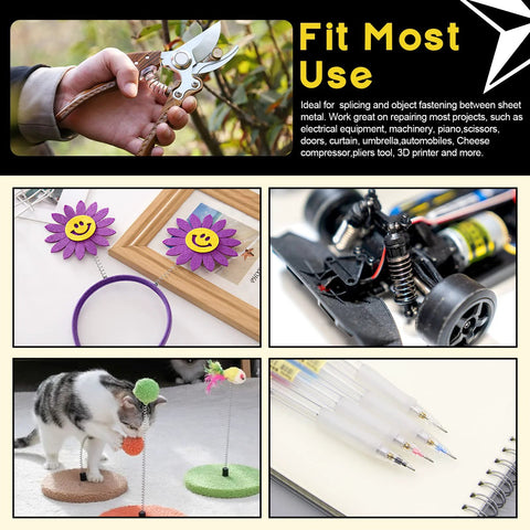 Assorted compression springs kit collage; shows purple felt flower crafts, RC car chassis, cat toy, and gel pens.
