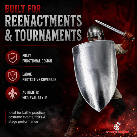Knight with fully functional handmade 16 gauge heater shield for reenactments and tournaments, medieval style, 28x20 steel construction.