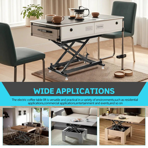 Electric Lift Coffee Dining Table With Remote Control in a living room, height adjustable, heavy duty steel, versatile design.