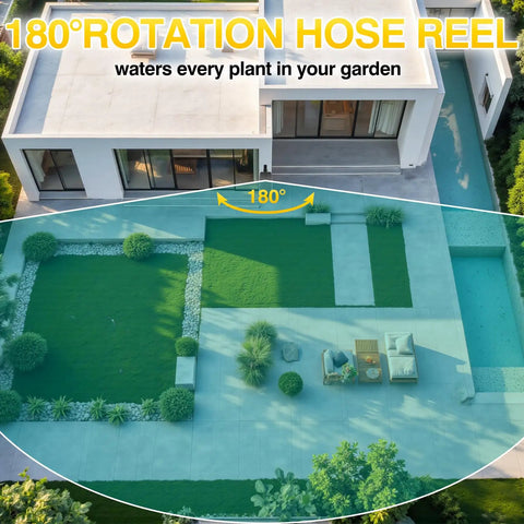 180-degree swivel feature of retractable garden hose reel with lock at any length, 100 ft hybrid hose shown in outdoor setup