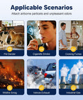 Image showing scenarios affecting air quality: pet dander, cigarette smoke, cooking fumes, wildfire smog, vehicle exhaust, industrial gas.