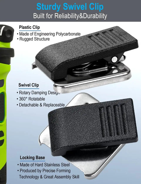 Close-up of swivel clip detail on Durable 2 Pin Shoulder Microphone for Kenwood Radios, featuring plastic and stainless steel construction.