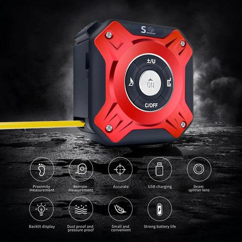 Two In One Laser Tape Measure With Level And Backlit LCD 131 Ft Laser Distance Meter 16 Ft Auto Lock Tape Ft In Fractions Mm Red close-up