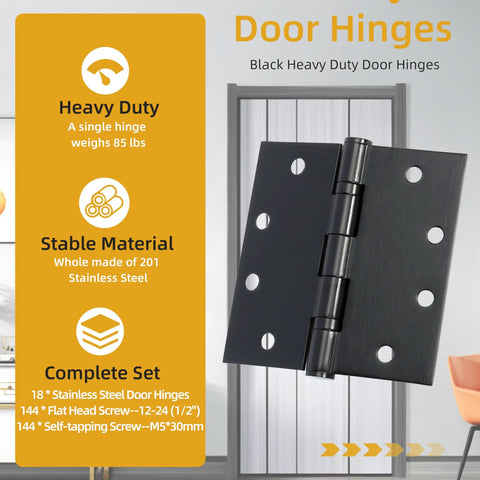 JAVOUKA 4.5x4.5 in black heavy-duty door hinge set with 144 screws, stainless steel