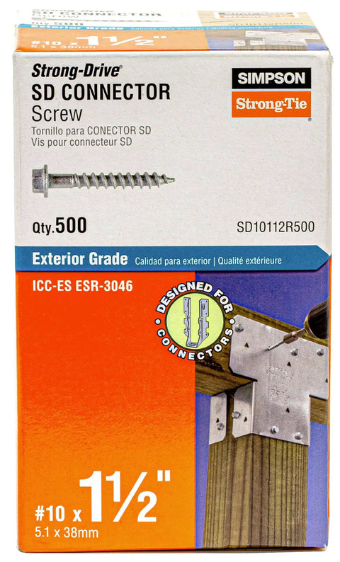 Size Ten Strong Drive SD Connector Screws, 1-1/2 Inch Length, Box of 500 in packaging showing product details