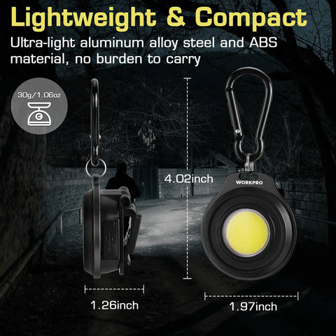 COB Keychain Light 2 Pack Ultra Compact USB C Rechargeable Carabiner Flashlight With Hat Clip EDC Magnetic 3 Modes Work Light For Running Hiking Emergencies And Repairs Black showing side and front view with dimensions and features