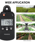 Full Spectrum PAR Meter With Pro Grade High Precision PPFD Tester For Indoor And Outdoor Plant Growth 400 To 700 Nanometers Light Range Lux Readings For Photosynthesis Results, handheld meter shown with crop, greenhouse, and seed cultivation uses