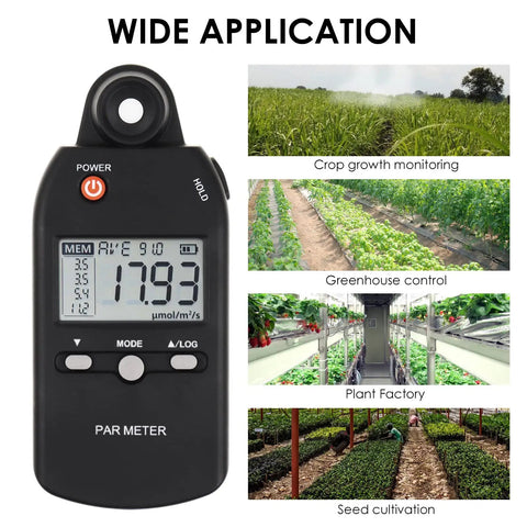 Full Spectrum PAR Meter With Pro Grade High Precision PPFD Tester For Indoor And Outdoor Plant Growth 400 To 700 Nanometers Light Range Lux Readings For Photosynthesis Results, handheld meter shown with crop, greenhouse, and seed cultivation uses