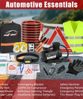 Grab and Go Roadside Emergency Kit for Cars and SUVs, Compact Portable Vehicle Safety Gear with jumper cables, safety hammer, flashlight, first aid, black.