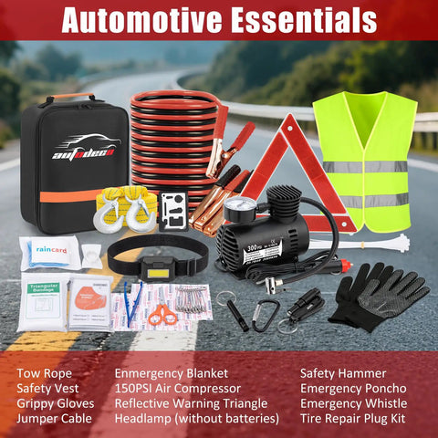 Grab and Go Roadside Emergency Kit for Cars and SUVs, Compact Portable Vehicle Safety Gear with jumper cables, safety hammer, flashlight, first aid, black.