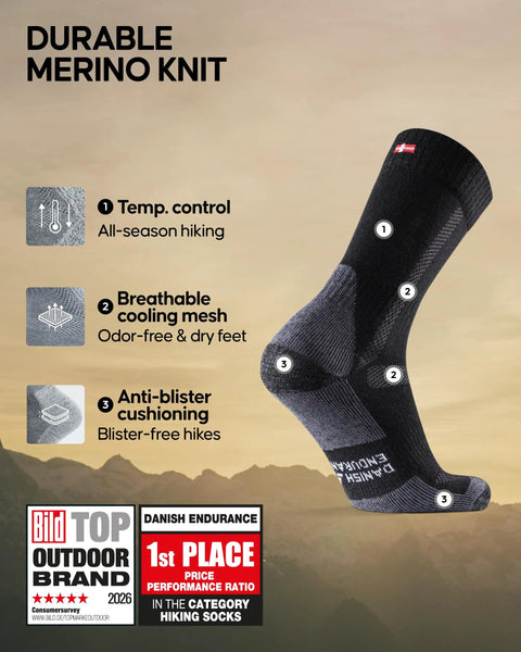 Merino Wool Hiking Socks For Men And Women Anti Blister Outdoor Socks With Heavy Cushioning Black And Gray Large Size