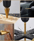 Six Piece Step Drill Bit Set Titanium Coated High Speed Steel Drill Bits For Wood Plastic Aluminum And Thin Metal Sheets in use