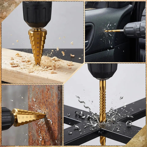 Six Piece Step Drill Bit Set Titanium Coated High Speed Steel Drill Bits For Wood Plastic Aluminum And Thin Metal Sheets in use