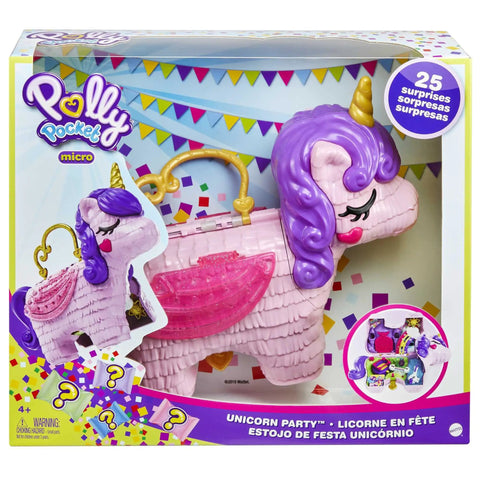 Unicorn Party Playset With 25 Surprises, Pink Unicorn Toy With Purple Hair in packaging with colorful design.