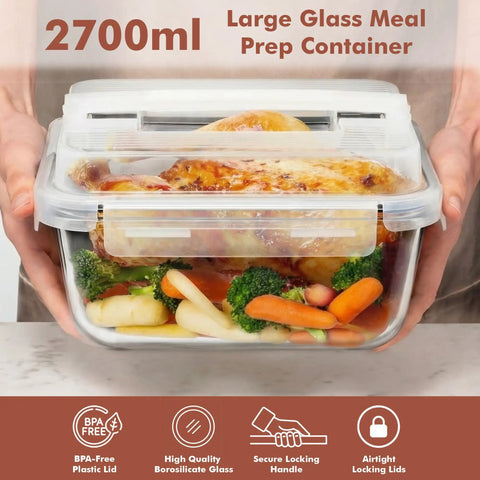 Beast Mode Massive 2700ml Glass Storage Container With Lids For Roasting And Leftovers filled with roasted chicken and veggies