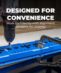 One Quarter Inch Shelf Pin Jig For Cabinets And Furniture With Edge Aligned Precision Hole Drilling Guide in use with clamp and drill