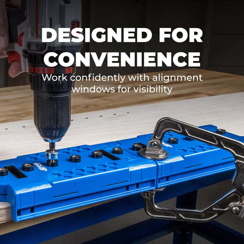One Quarter Inch Shelf Pin Jig For Cabinets And Furniture With Edge Aligned Precision Hole Drilling Guide in use with clamp and drill