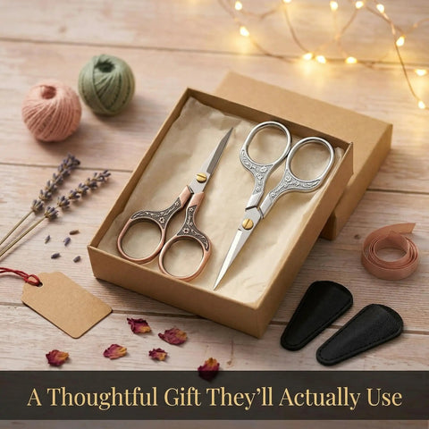 Ultra Sharp 5 Inch Embroidery Scissors 2 Pack Precision Snips For Crafting Crochet Sewing Paper Cutting And Fabric Work Razor Blade Shears For Delicate Threads And Detail Work, 5-inch metal scissors in gift box with sheaths