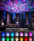 Galaxy Star Projector Night Light For Bedroom With Timer, showcases vibrant sky projection in a modern living room.