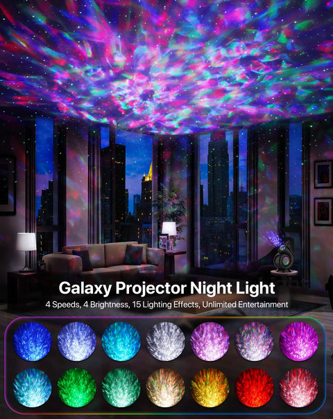 Galaxy Star Projector Night Light For Bedroom With Timer, showcases vibrant sky projection in a modern living room.