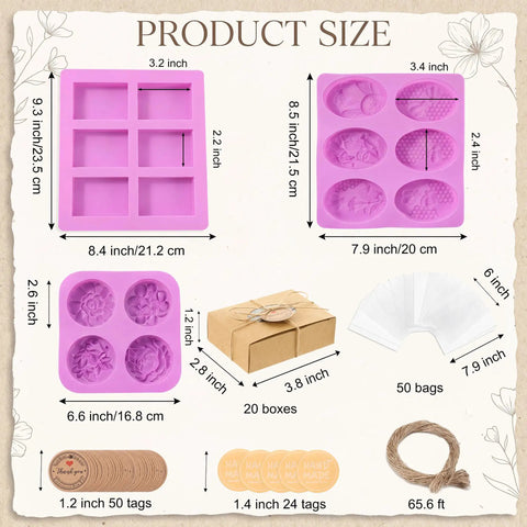 Product size chart for DIY Soap Making Kit With 3 Silicone Molds 50 Clear Bags 50 Tags 20 Gift Boxes 24 Stickers 65 Ft Jute Twine.