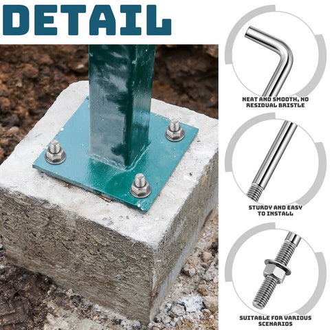304 Stainless Steel J Bolts 3/8-16 x 6 Inches Set of 10 in concrete base with nuts and washers for outdoor installations.