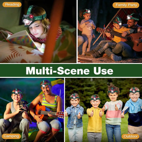 Kids Dinosaur Themed LED Headlamp with T Rex design used in reading, family party, camping, and outdoor play