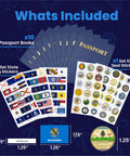 Kid Friendly Fake Passport Book Set With Stickers 10 Pack Blue Realistic Blank Passports For Kids Classroom Travel Decor And Party Activities 24 Blank Pages, includes flag and seal stickers.