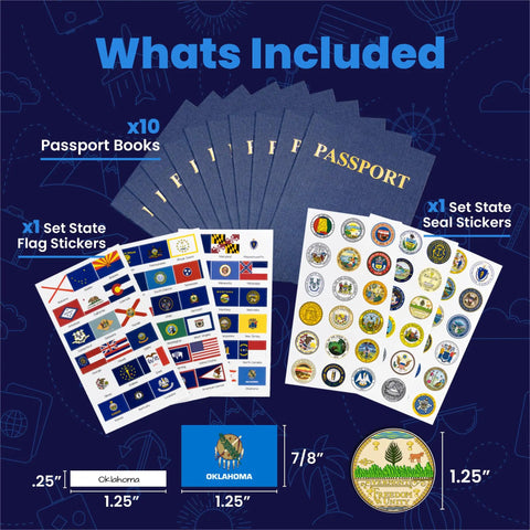 Kid Friendly Fake Passport Book Set With Stickers 10 Pack Blue Realistic Blank Passports For Kids Classroom Travel Decor And Party Activities 24 Blank Pages, includes flag and seal stickers.