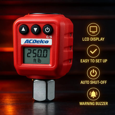 Heavy Duty Half Inch Drive Digital Torque Adapter With Real Time Torque Readout Buzzer And LED Flash 25 To 250 Foot Pounds ISO 6789 Certified With Calibration Certificate showing LCD display and buttons.