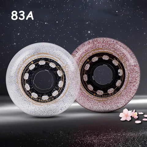 Replacement Inline Skate Wheels 4 Pack 83A Hardness For Indoor Outdoor Use With No Bearings Durable PU, two colors shown.