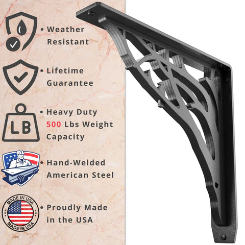 Heavy Duty Shelf Bracket Kit 12 x 12 Inch Set of Two, Cast Iron Finish shown with decorative design and durability features