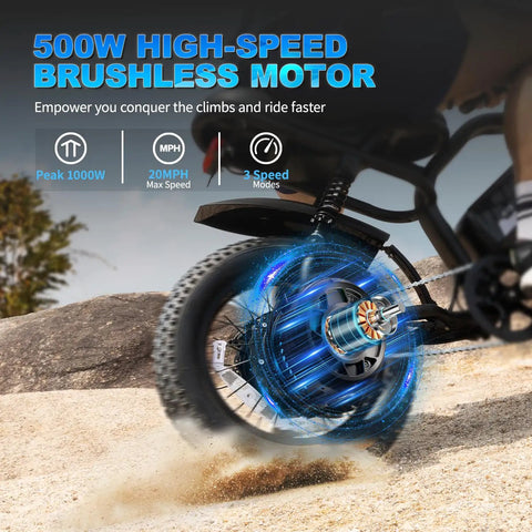 Close-up of Compact Fat Tire Electric Bike With 500W Motor And Removable Battery, illustrating high-speed motor power