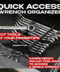12 Piece Metric Ratcheting Wrench Set With Quick Access Organizer displayed in toolbox, showing organized wrenches ranging 8mm to 19mm.