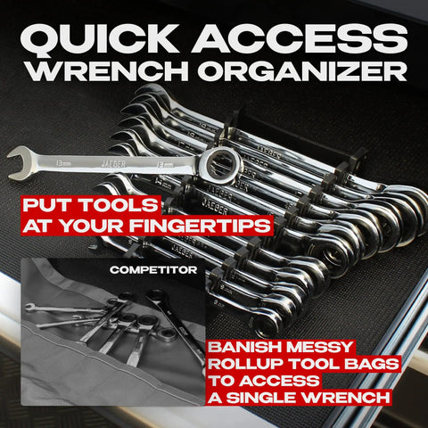 12 Piece Metric Ratcheting Wrench Set With Quick Access Organizer displayed in toolbox, showing organized wrenches ranging 8mm to 19mm.