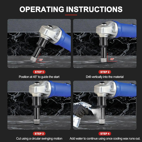 Operation steps for Three Pack Diamond Hole Saw Set, 5mm Core Drill Bits With Five Eighths Inch Thread For Angle Grinders, Cuts Ceramic Porcelain Marble Tiles Stone Brick And Other Hard Materials, 30mm Working Depth.
