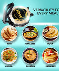 Libra Electric Roti Maker Machine With Non Stick 8.5 Inch Plates Auto Temp Control And Durable Handle with various dishes like roti and dosa.