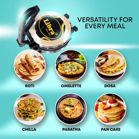 Libra Electric Roti Maker Machine With Non Stick 8.5 Inch Plates Auto Temp Control And Durable Handle with various dishes like roti and dosa.