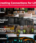 Banner collage showing home interior, industrial plant, EMS responders, and airplane cockpit with red header.