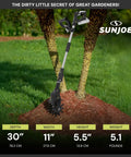 Cordless Garden Tiller And Cultivator With Telescopic Pole And Auxiliary Handle No Cord Needed 6 Inch Steel Blades 24V Tool Only Heavy Duty Tilling Machine For Lawn Yard And Garden Care displayed upright on grass, highlighting dimensions and weight.