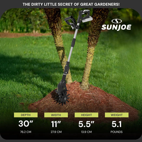 Cordless Garden Tiller And Cultivator With Telescopic Pole And Auxiliary Handle No Cord Needed 6 Inch Steel Blades 24V Tool Only Heavy Duty Tilling Machine For Lawn Yard And Garden Care displayed upright on grass, highlighting dimensions and weight.
