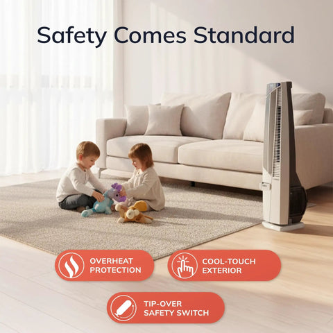 Children playing in living room with All Season Hybrid Oscillating Fan And Space Heater For Home Use With Remote Control Timer