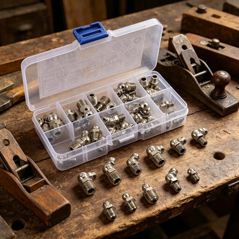 Get Your Shop Ready With This Awesome 45 Piece Metric Grease Fitting Kit Featuring M6 M8 And M10 Carbon Steel Zerk Nibs In 45 Degree 90 And 180 Angles For Ultimate Routine Maintenance And Auto Repair Jobs. Open plastic case with metric zerk fittings on workbench