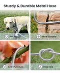 Stainless Steel Garden Hose 50ft 5/8 Inch No Kink Flexible Water Hose With 9 Pattern Spray Nozzle benefits shown: pet proof, durable.